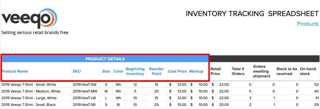 Inventory tracking spreadsheet: Product data